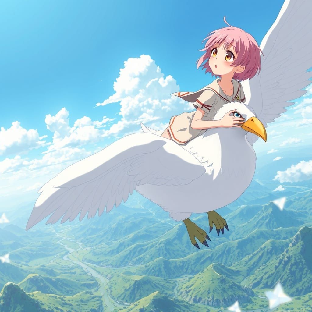 Girl Rides Majestic Bird Over Vast Landscape in Anime-Style