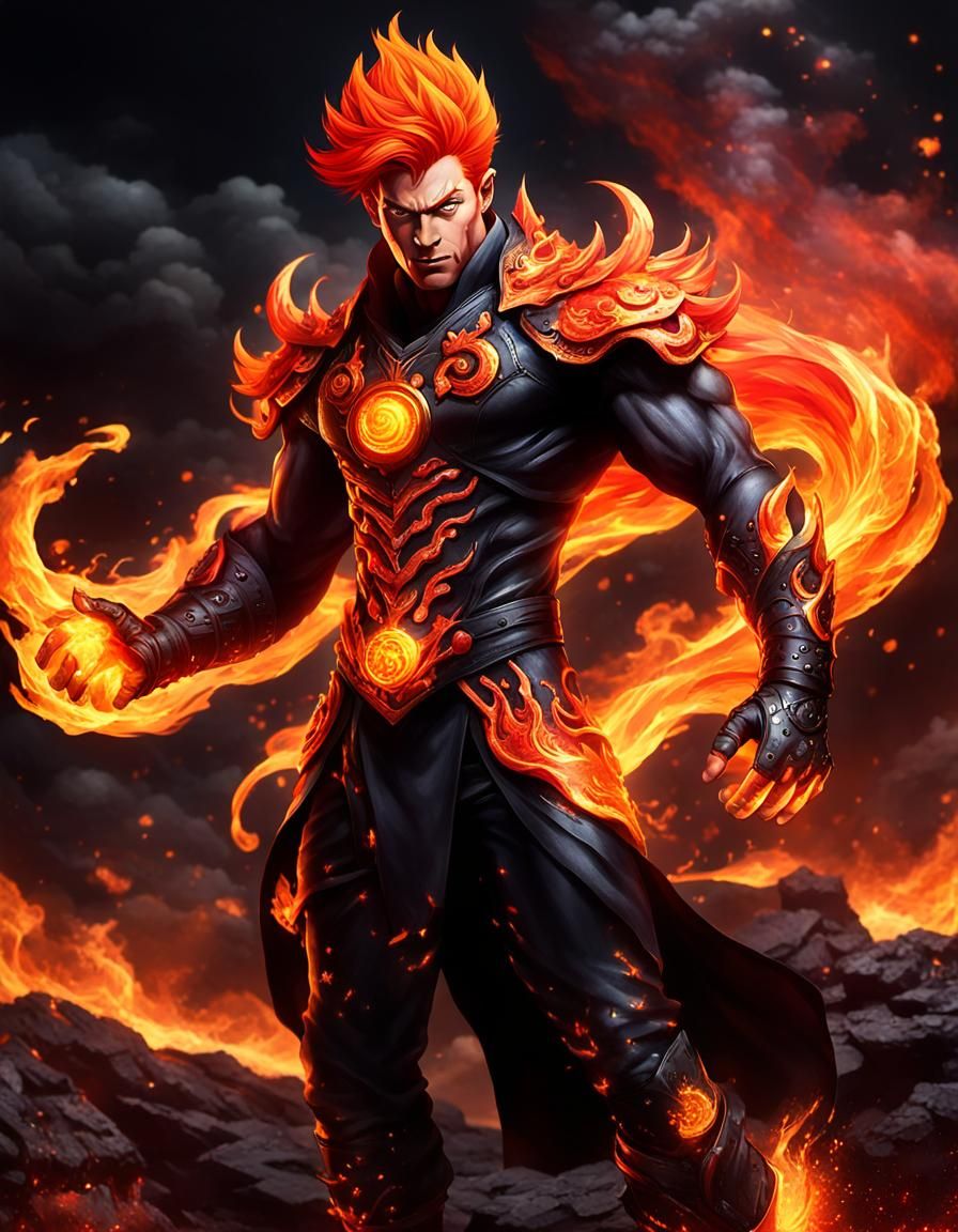 Fiery Superhero with Lava Costume, Digital Art