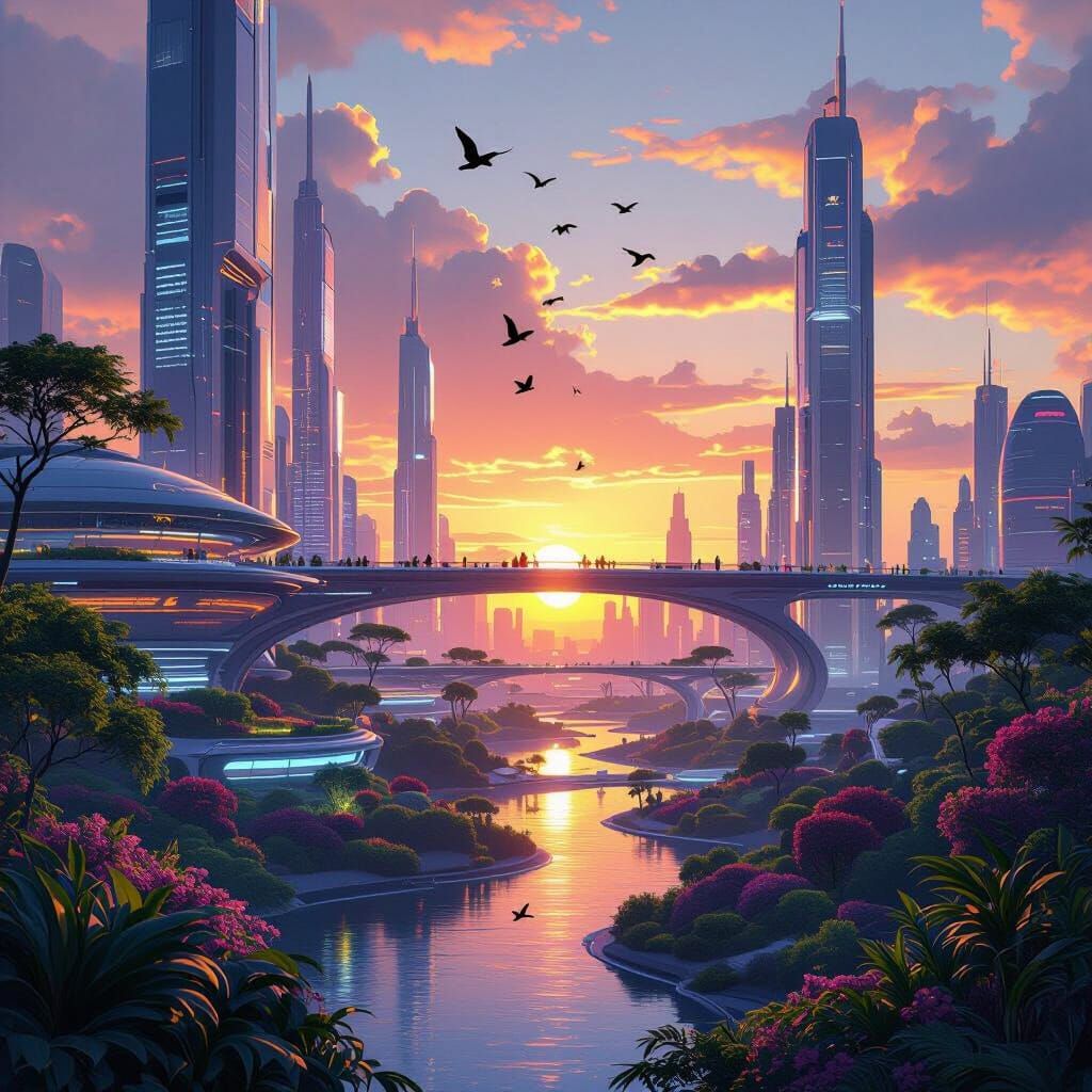 Futuristic Cityscape at Sunset in Cyberpunk Style