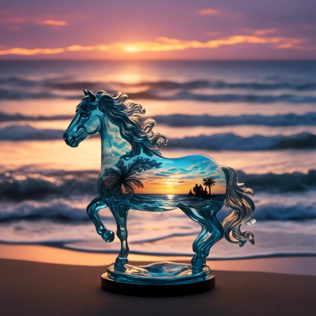 Glass Horse with Ocean Sunset Inside
