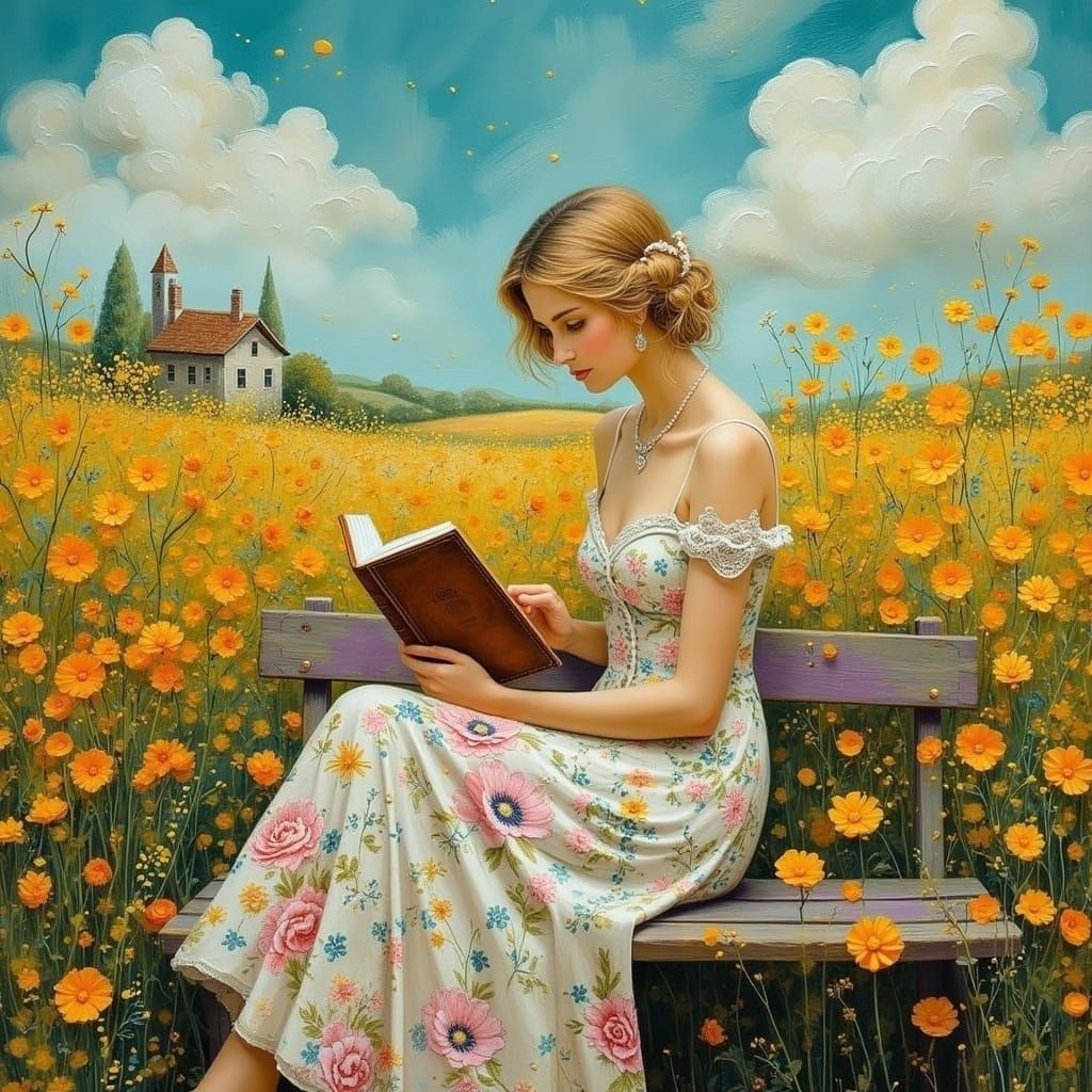 Elegant Woman in a Floral Garden Scene, Oil Painting