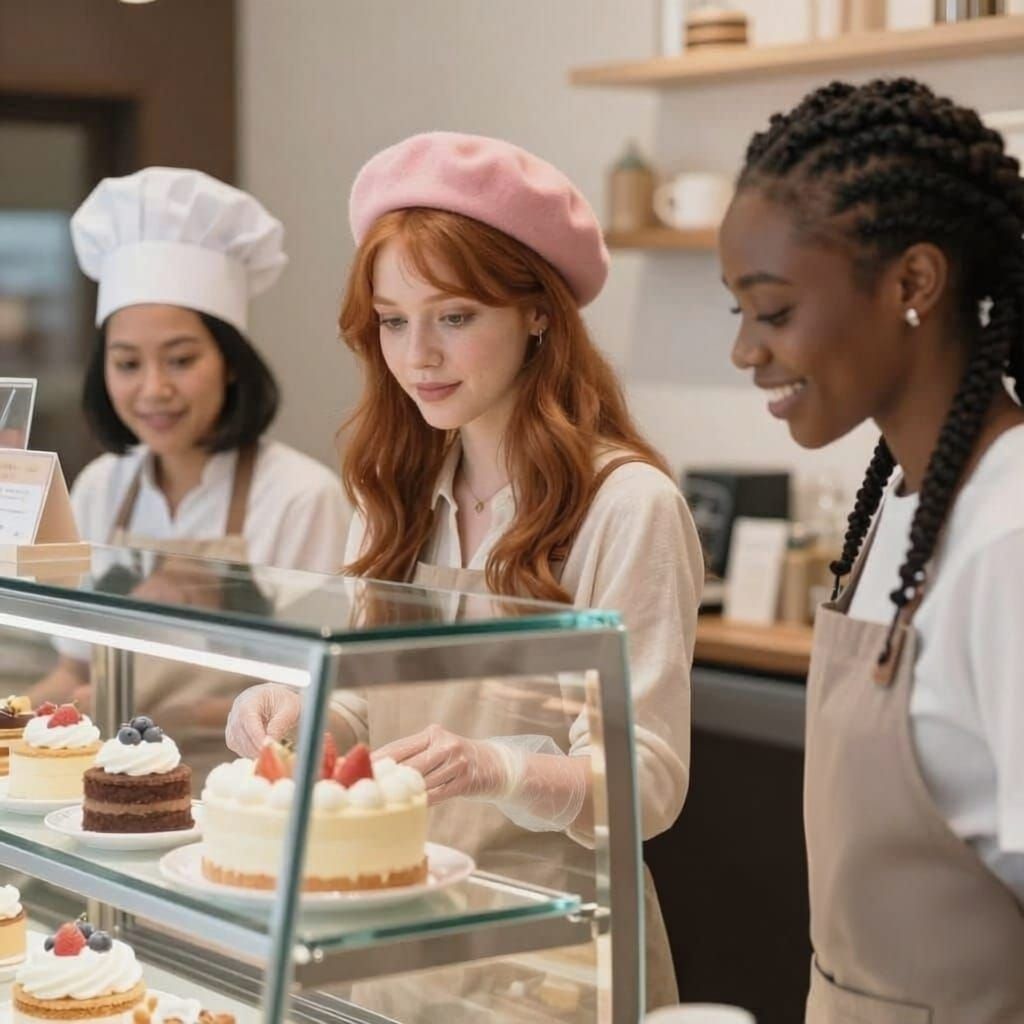 Diverse Team Arranging Cakes in a Chic Tokyo Patisserie