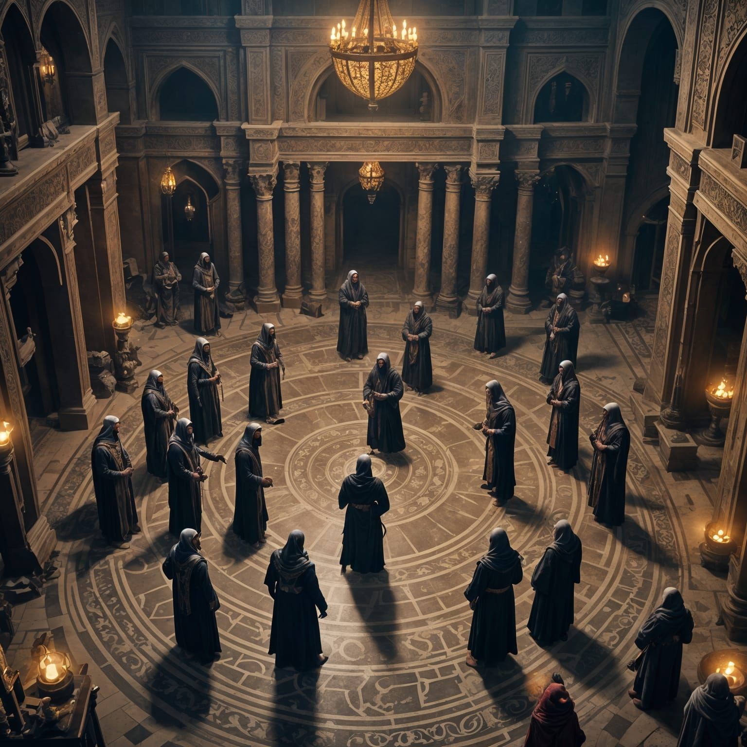 Cultist Face-Off in Arabian Palace at Night