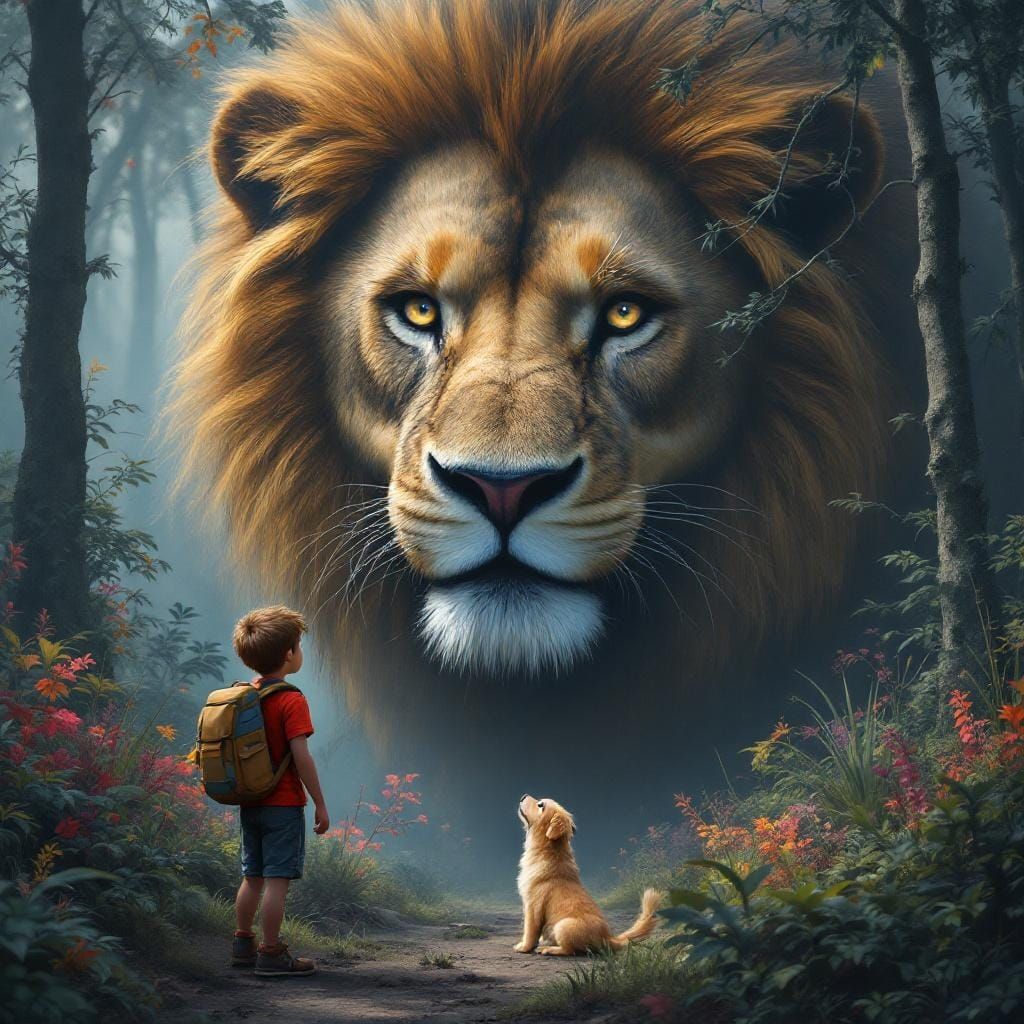 Lion's Gaze: Hyper-Realistic Encounter in Misty Forest