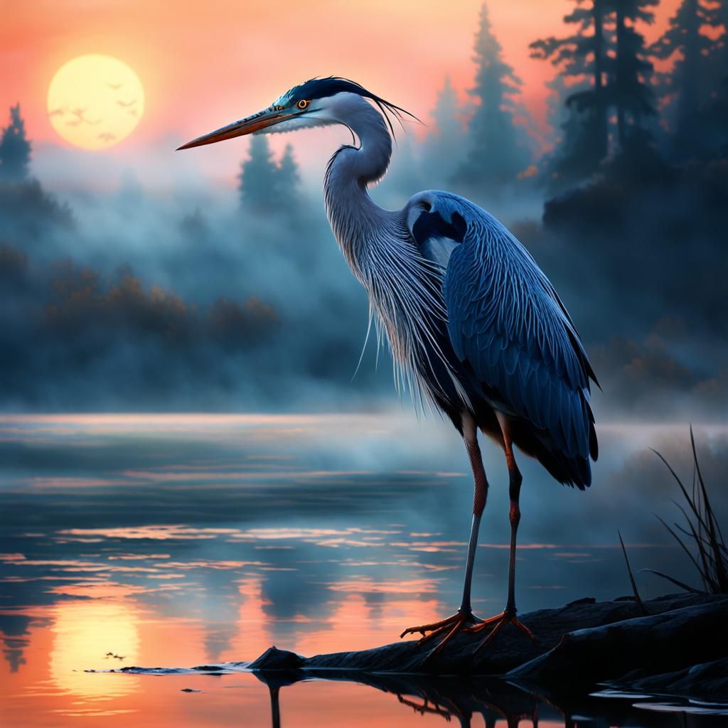 Heron on Misty Lake Shore at Dusk
