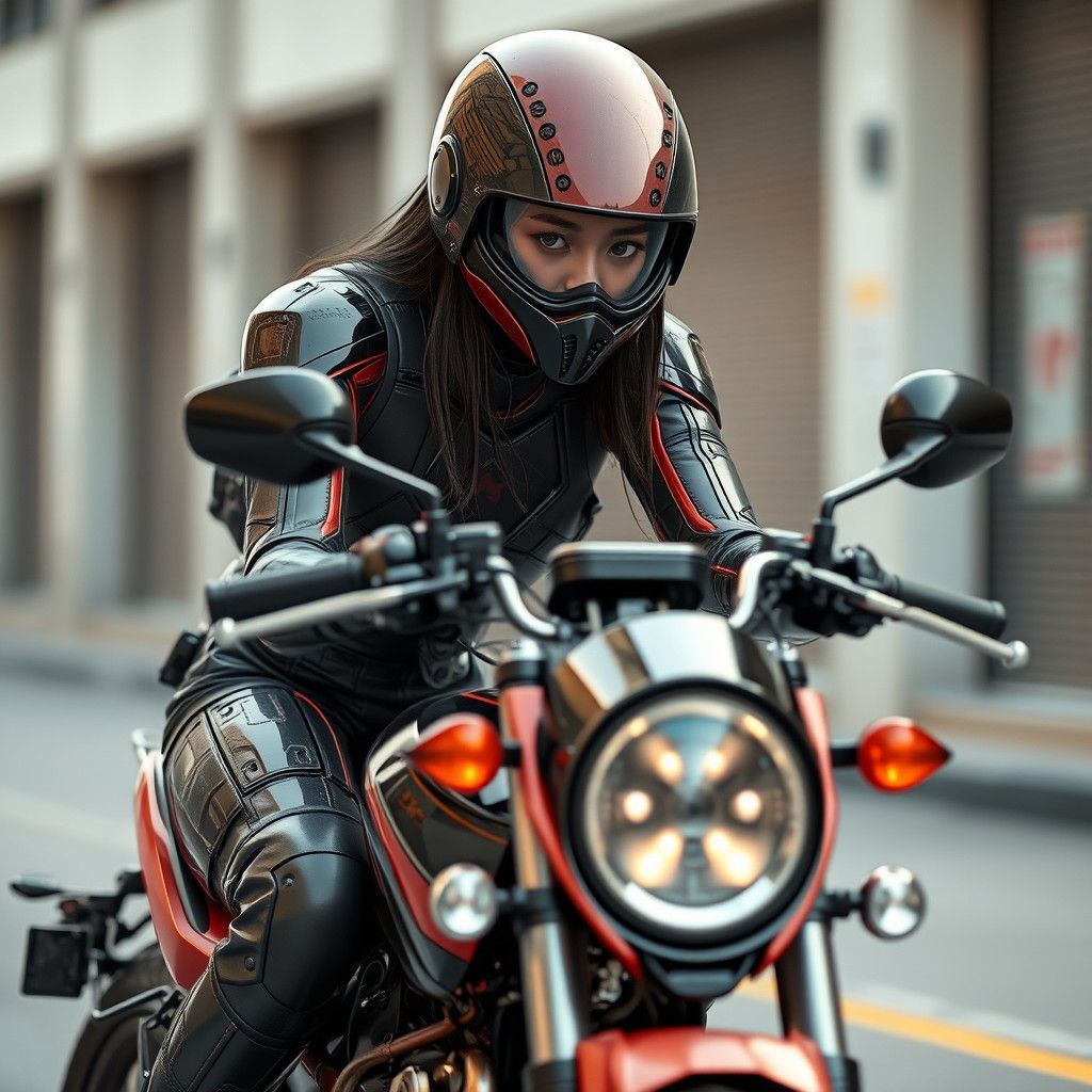 Asian female assassin riding a motorcycle