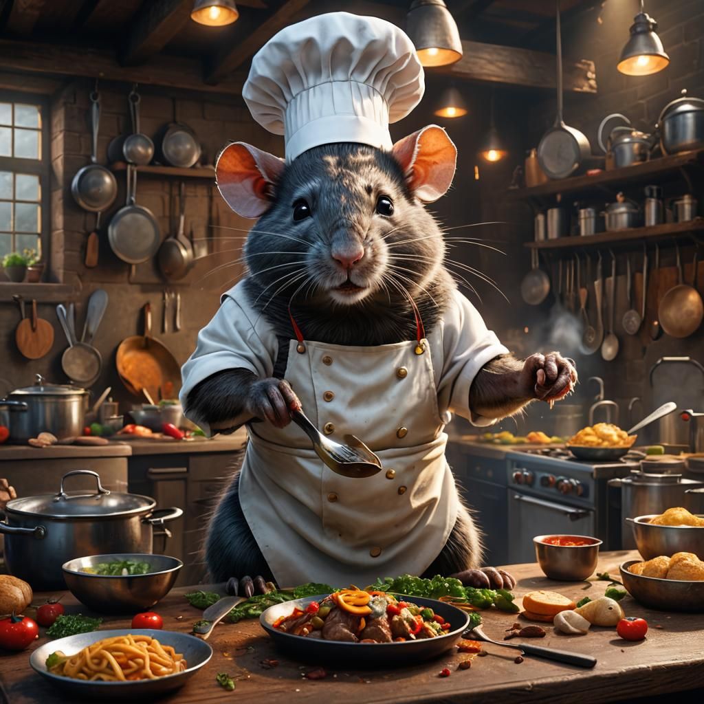 Giant Rat Chef Cooks Dinner: Detailed Fantasy Art