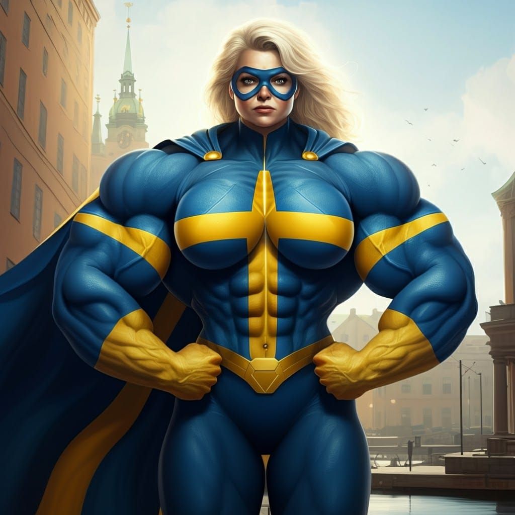 Flag of Sweden portrayed as a muscular caped female superher...
