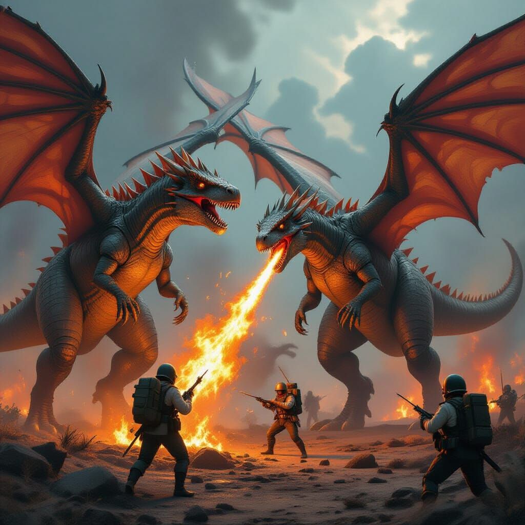 Winged Dinosaurs Battle Canine Warriors in Fiery Chaos