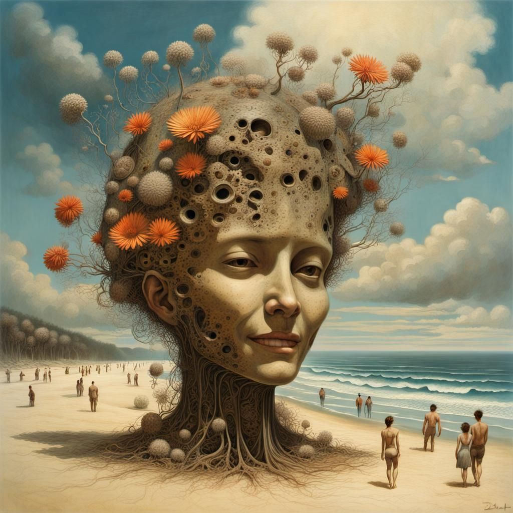 Futuristic Beach Scene with Biomechanical Details