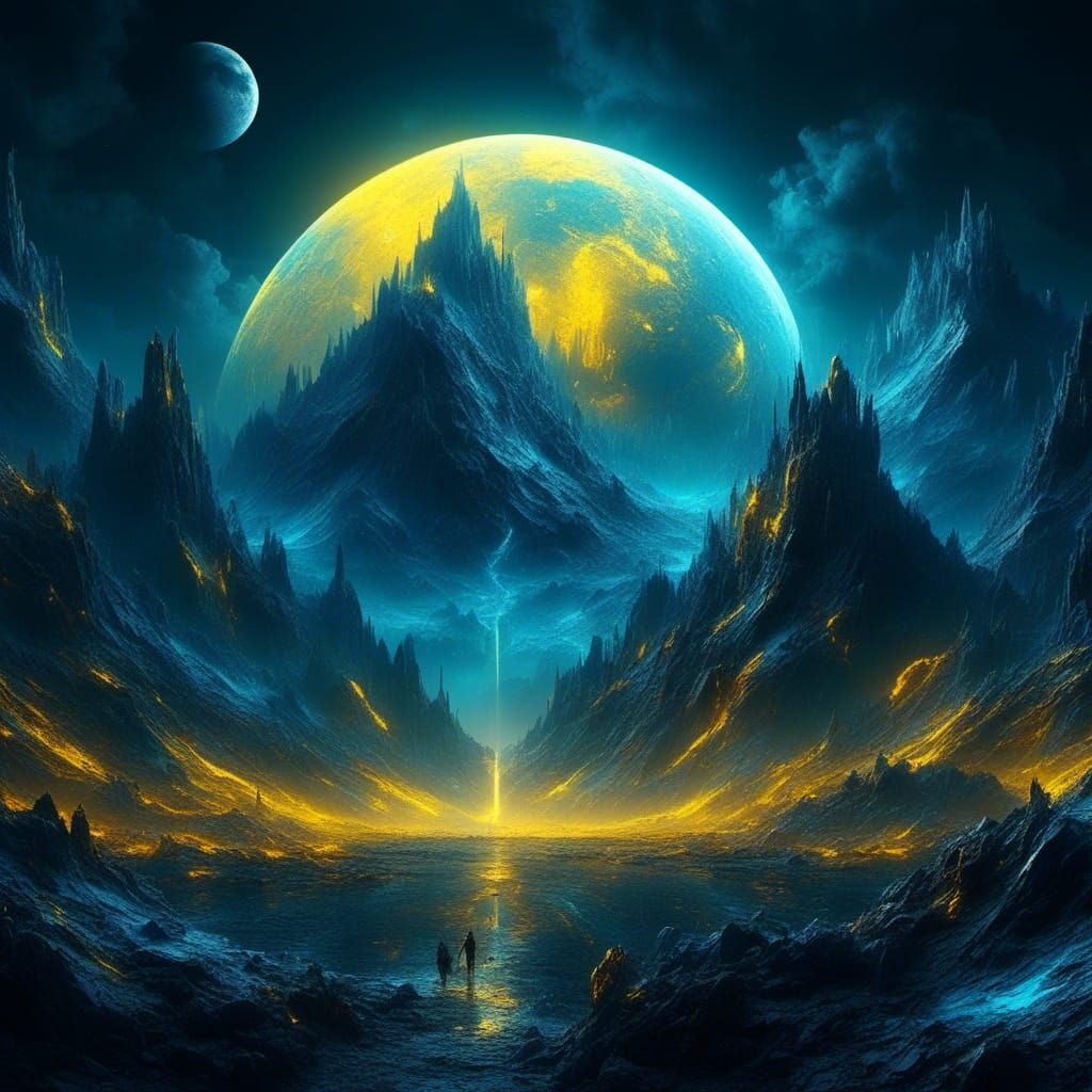 Crystal Moon in Blue and Yellow Neon
