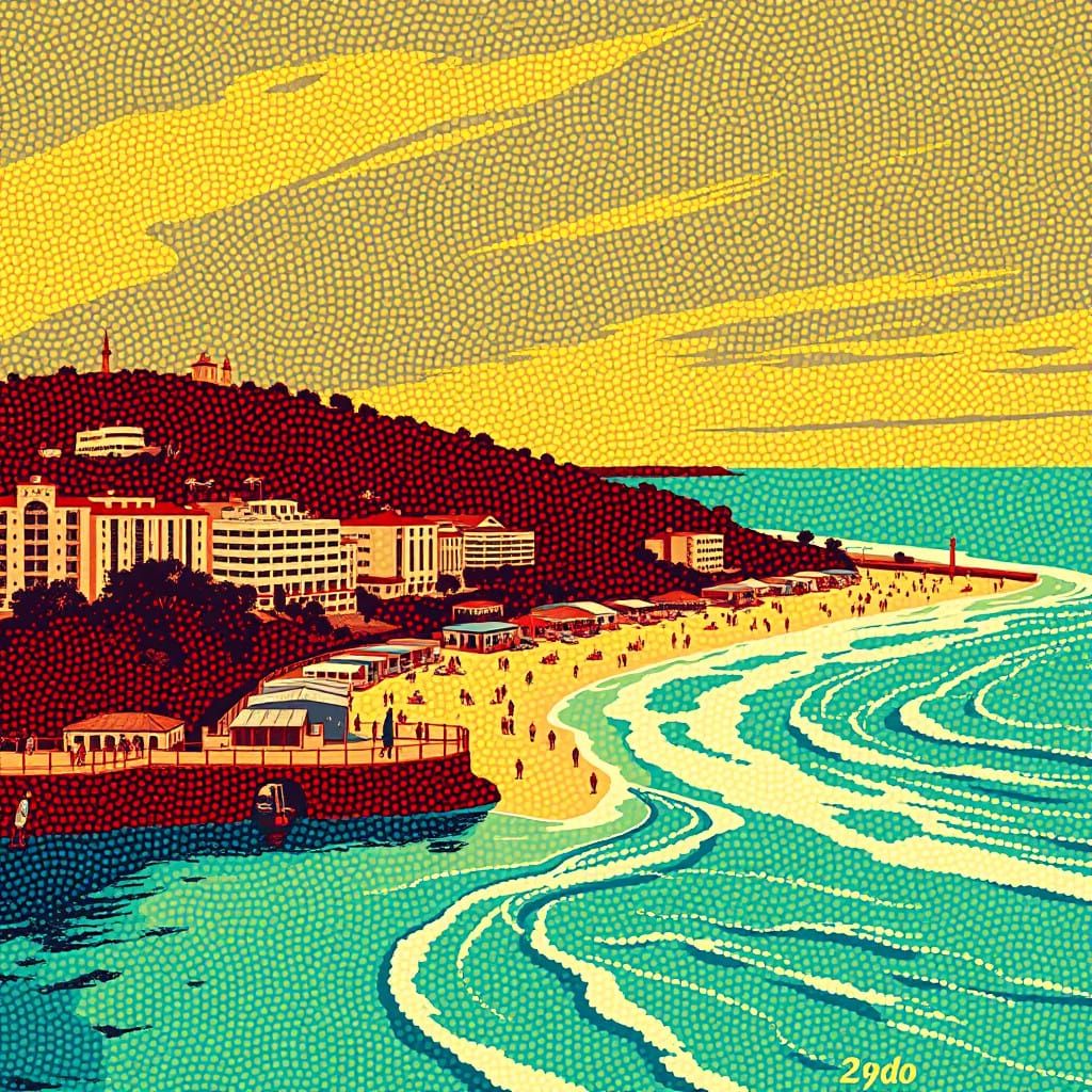 Pointillist Bondi Beach Sydney 1940 in Psychedelic Style