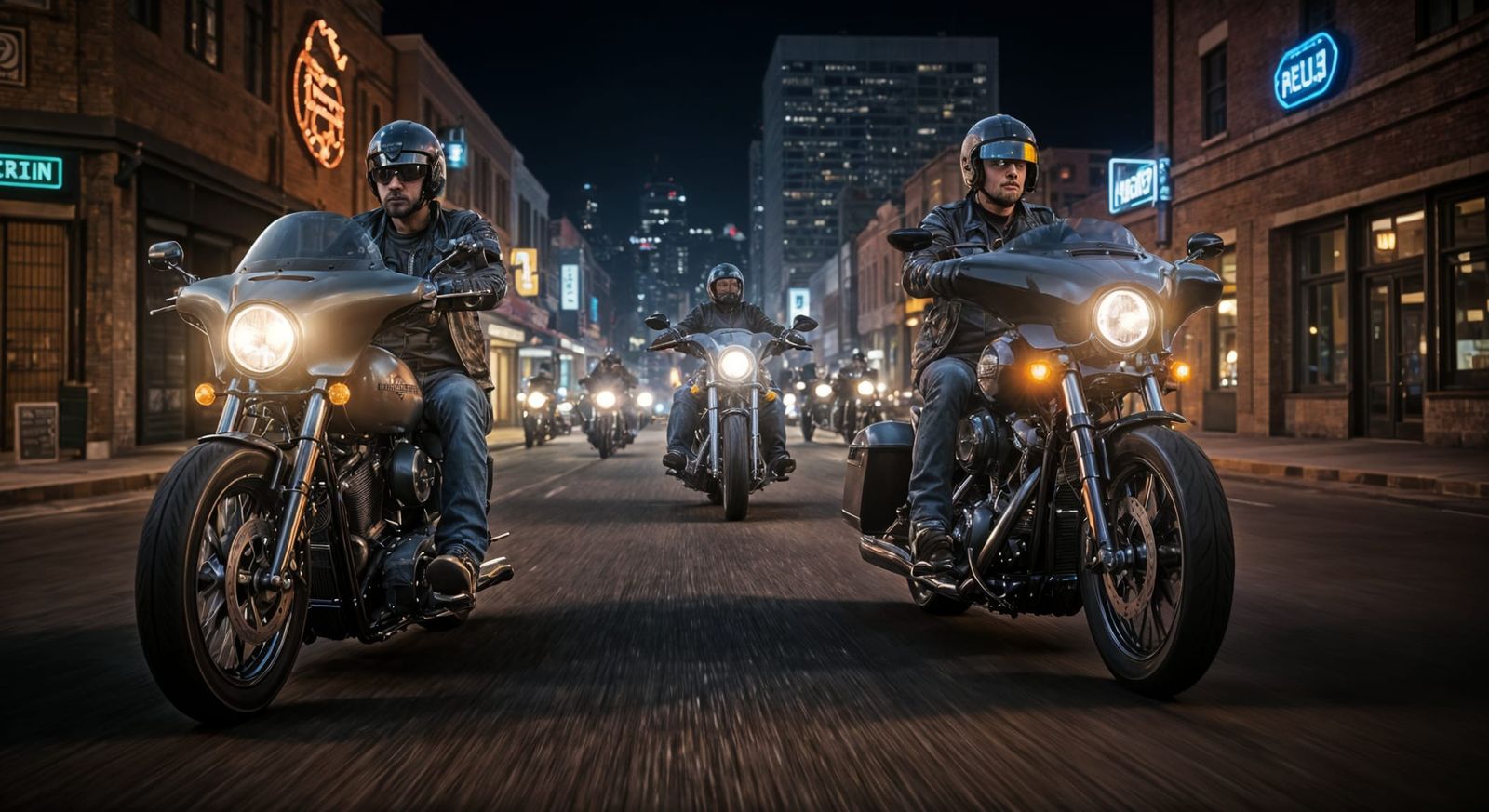Harley Davidson Motorcycles Cruise Through the Neon-Lit Bike...