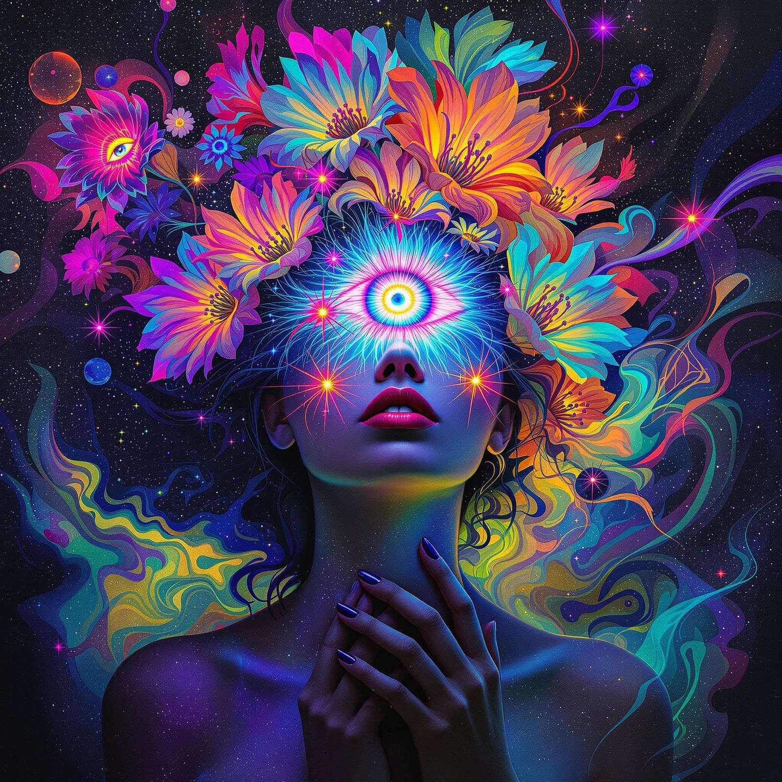 Dreamlike Woman with Glowing Flowers, Shimmering Eye, and Et...