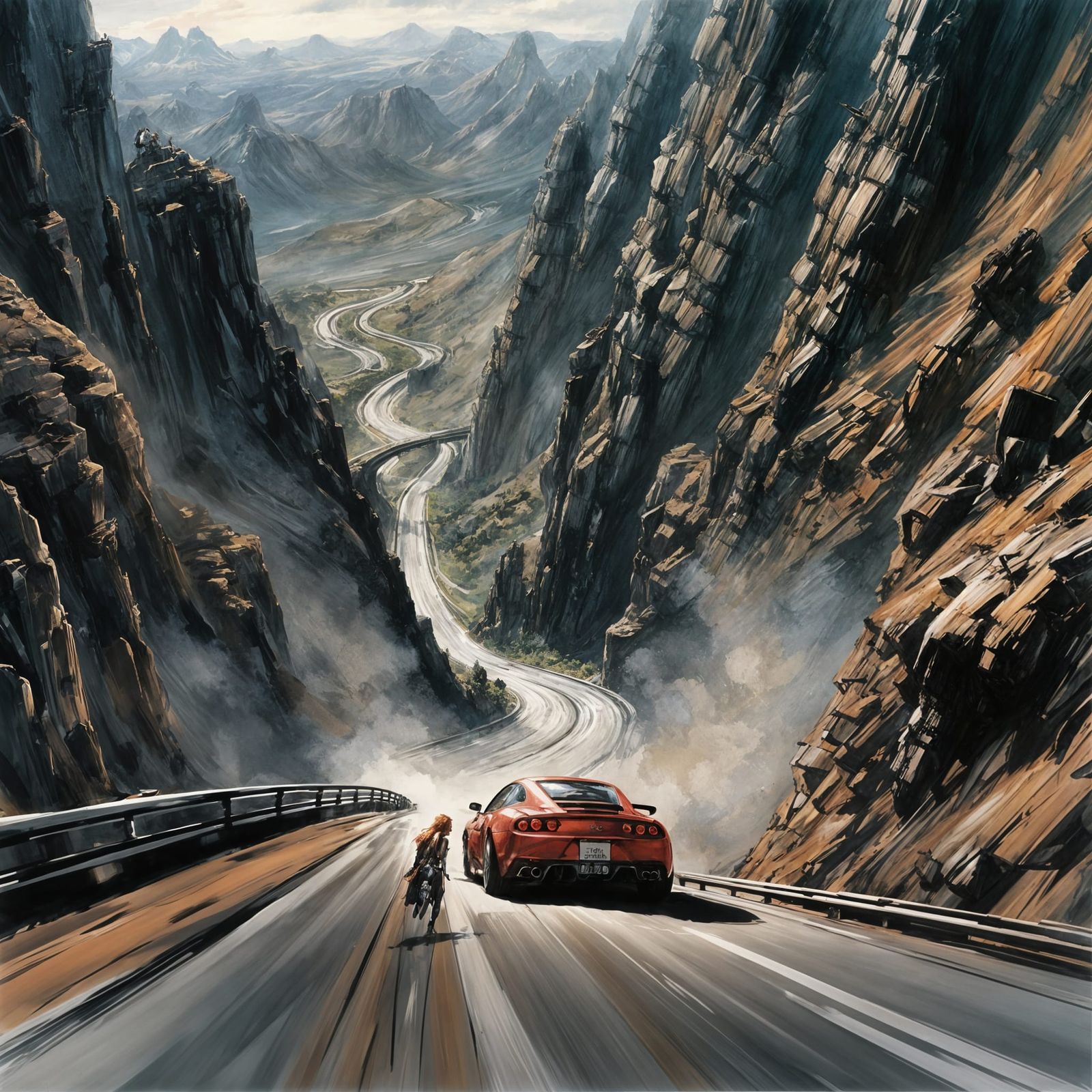 Supercar on Mountain Road in Airbrush Style