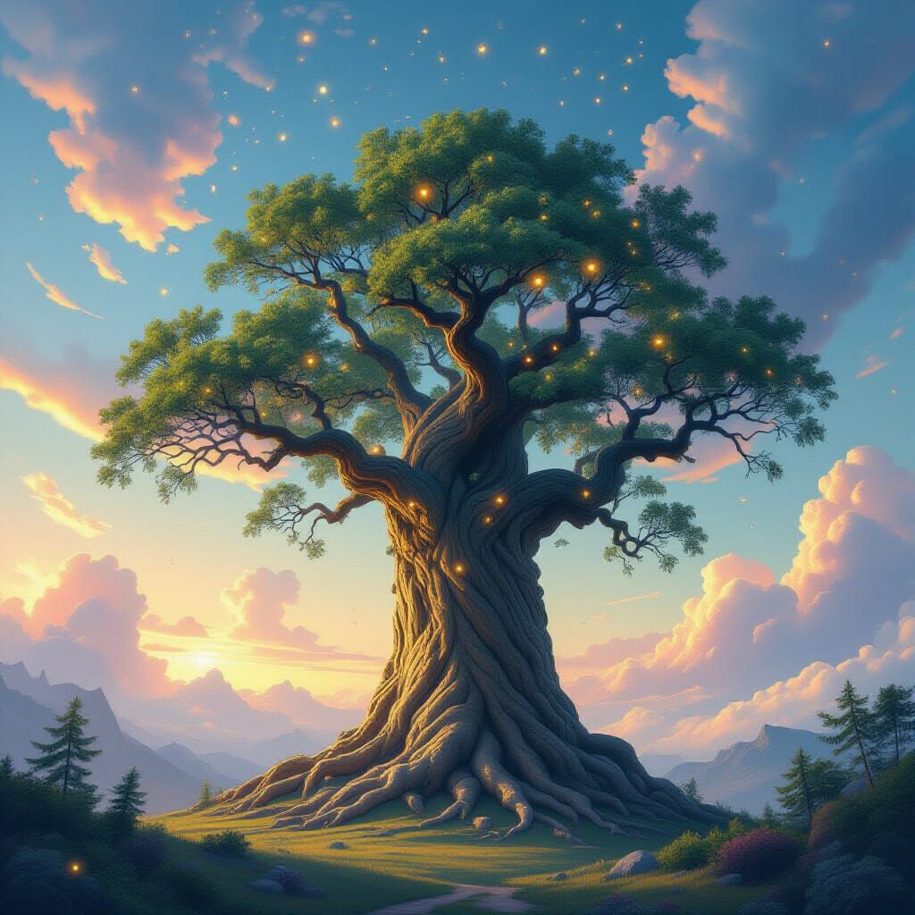 Ancient Giant Tree Reaching Stratosphere in Nebula Sky