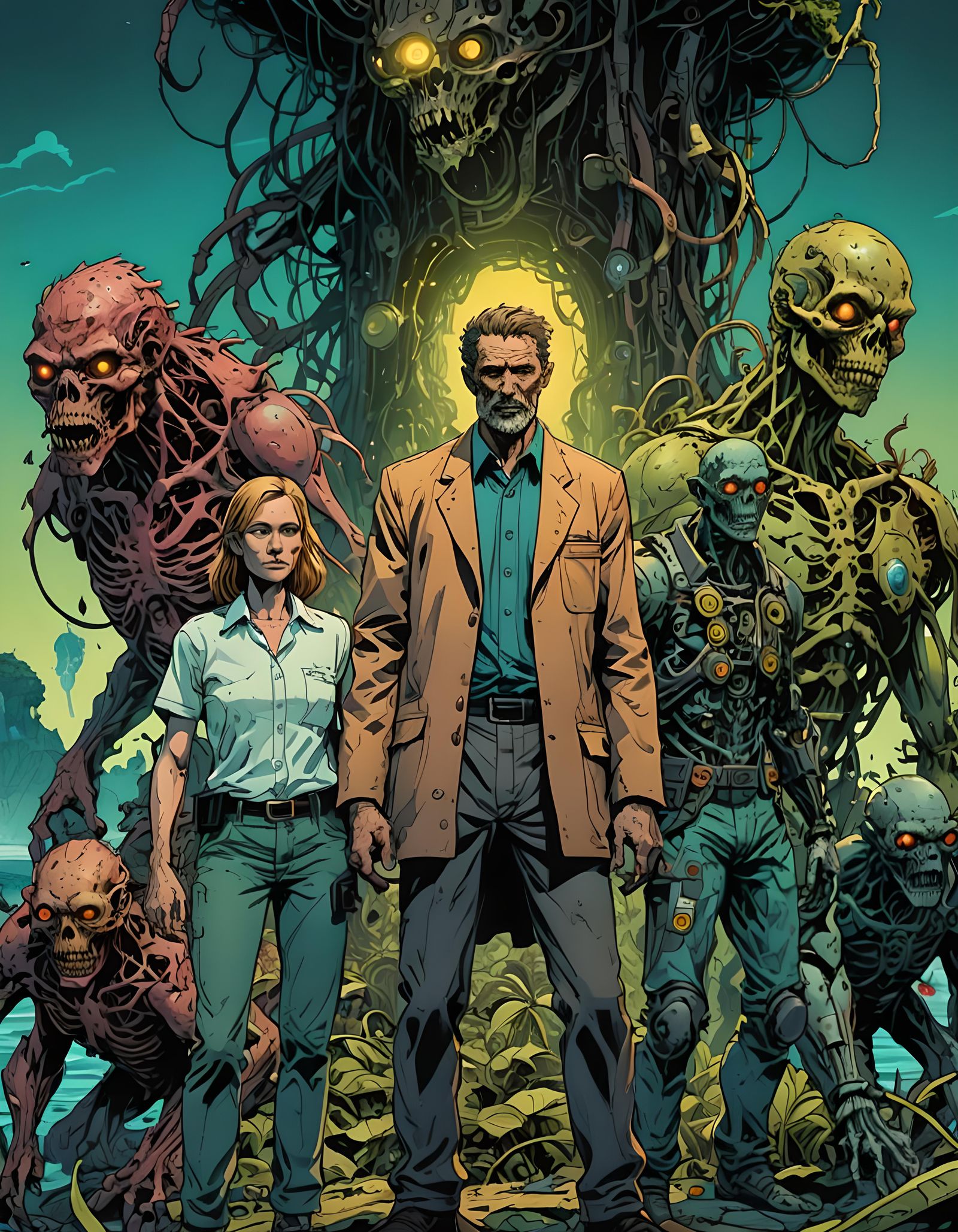 Bioluminescent Mutants on Island in Graphic Novel Style