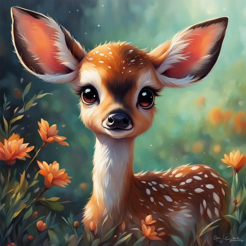Cute Fawn in Vibrant Semi-Realistic Painting