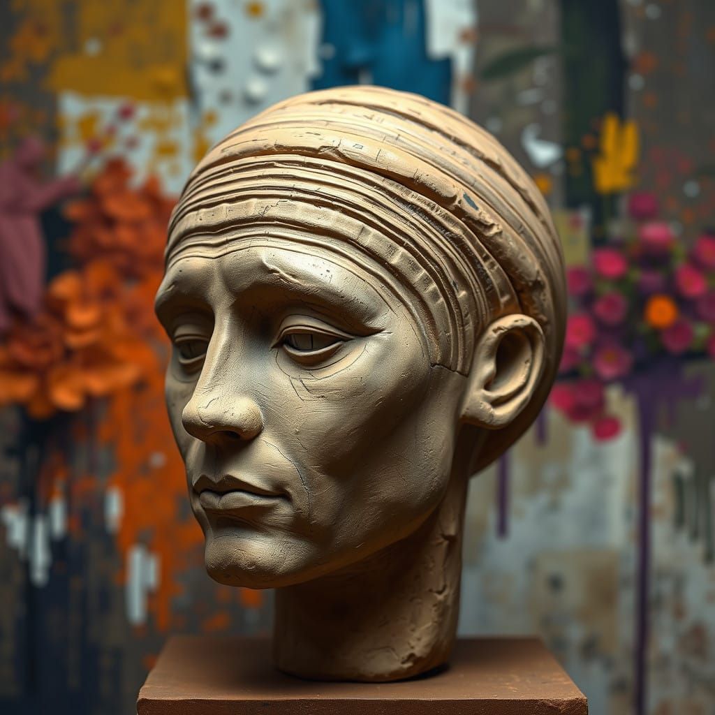 Timeless Clay Head in Abstract Expressionist Style