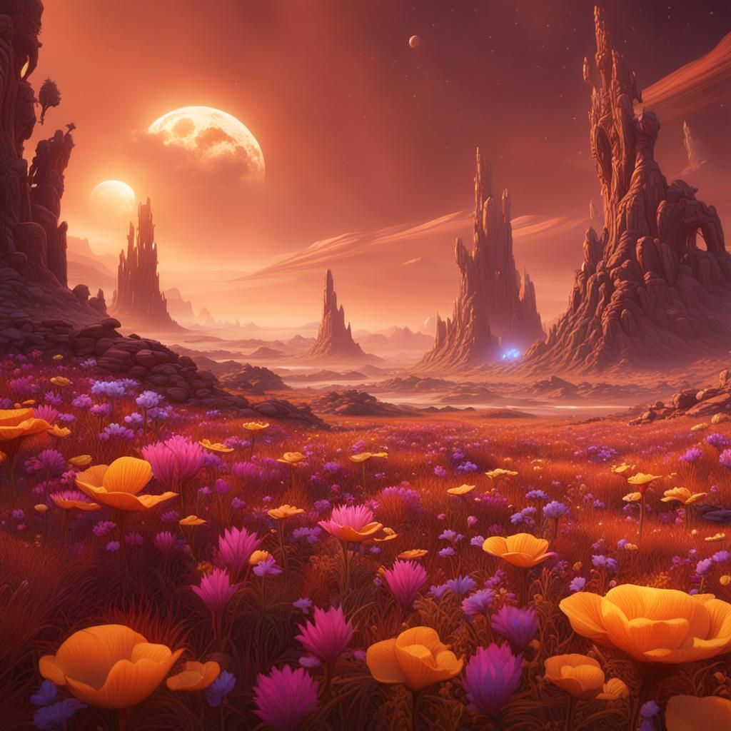 Martian Flower Field: Detailed Matte Painting