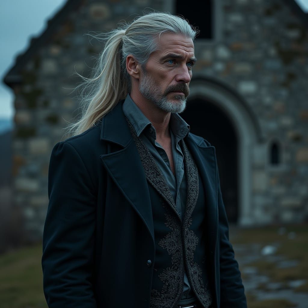 Hyper-Realistic Portrait of a Man Standing Before an Abandon...