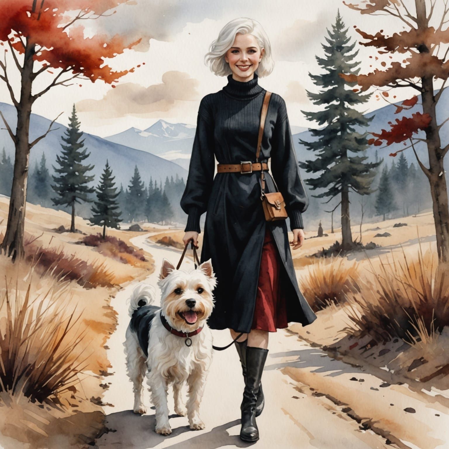 Woman with Terrier in Hellish Watercolor Landscape