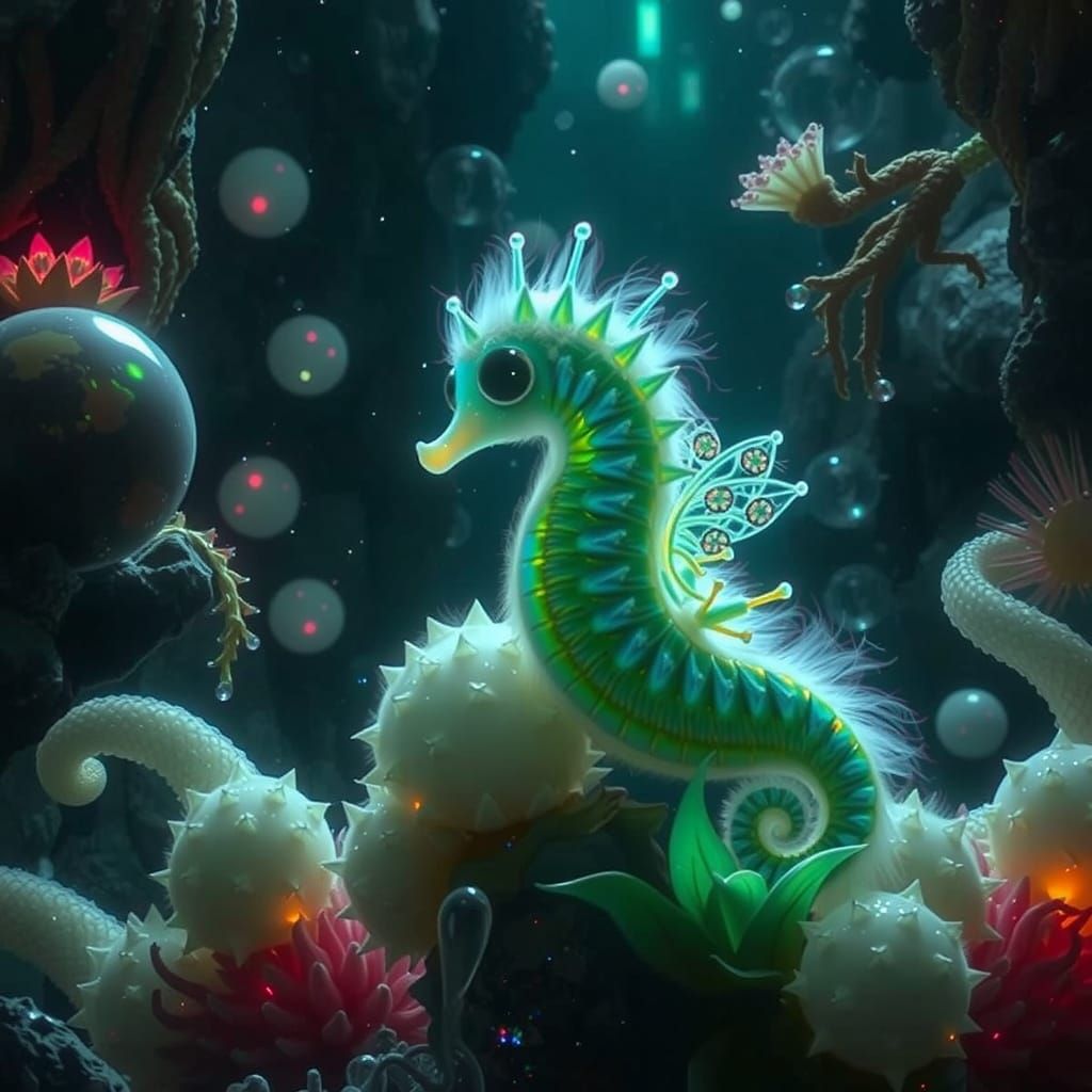 Iridescent Seahorse with Wings in Alien Cave