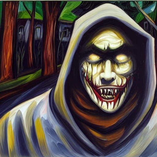 Terrifying Hooded Figure in Park: Expressionist Painting