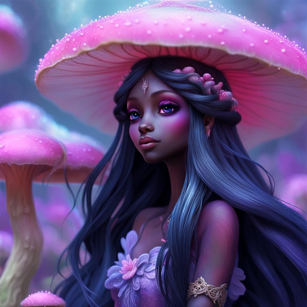 Black Fairy on Pink Mushroom in Ethereal Style