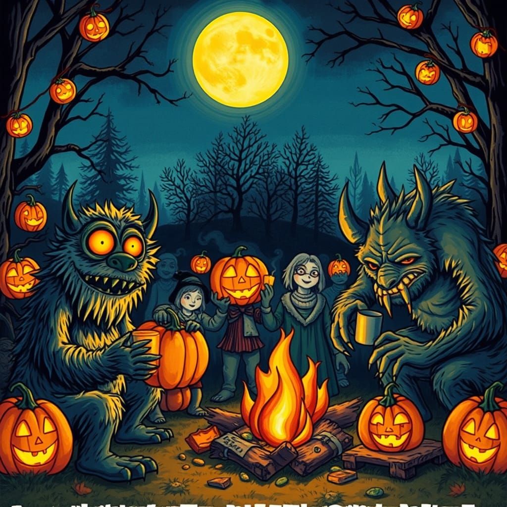 Whimsical Monster Harvest Festival Under Full Moon