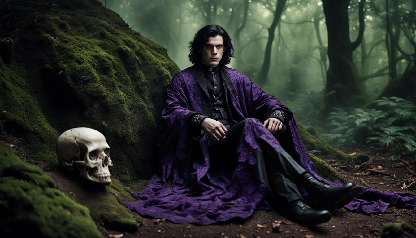 Grimdark Necromancer in Forest Ruins: Hyperrealism