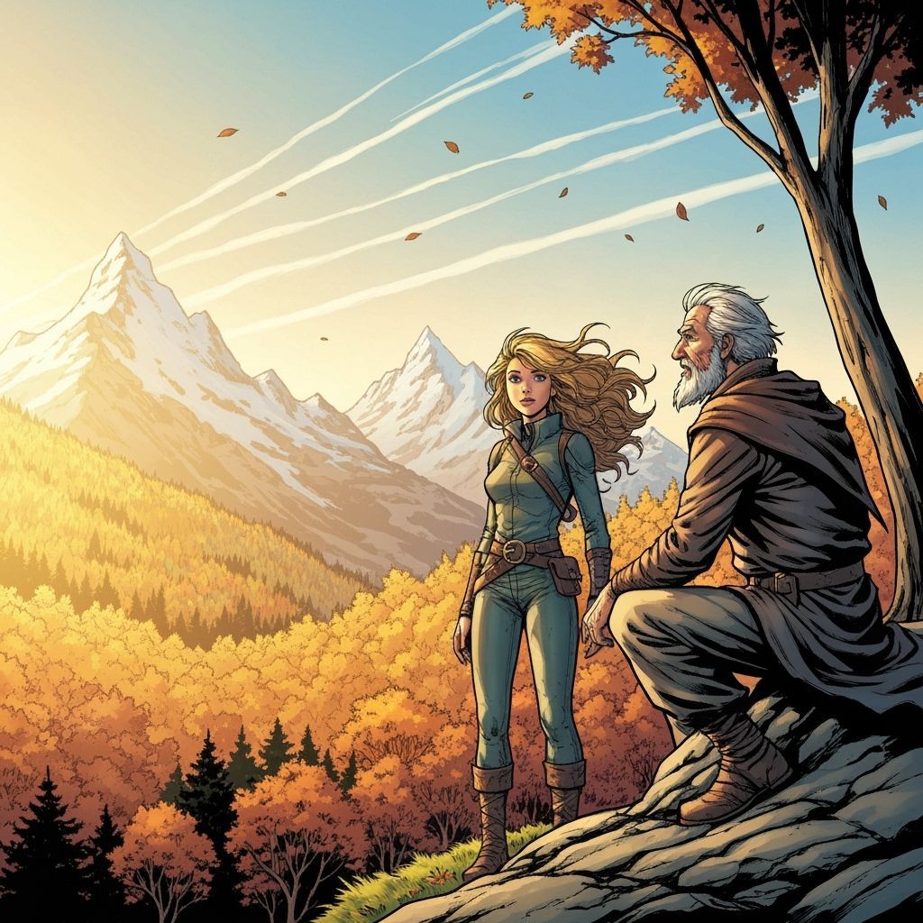 Autumn Valley Adventure: Wizard and Adventurer at Sunset