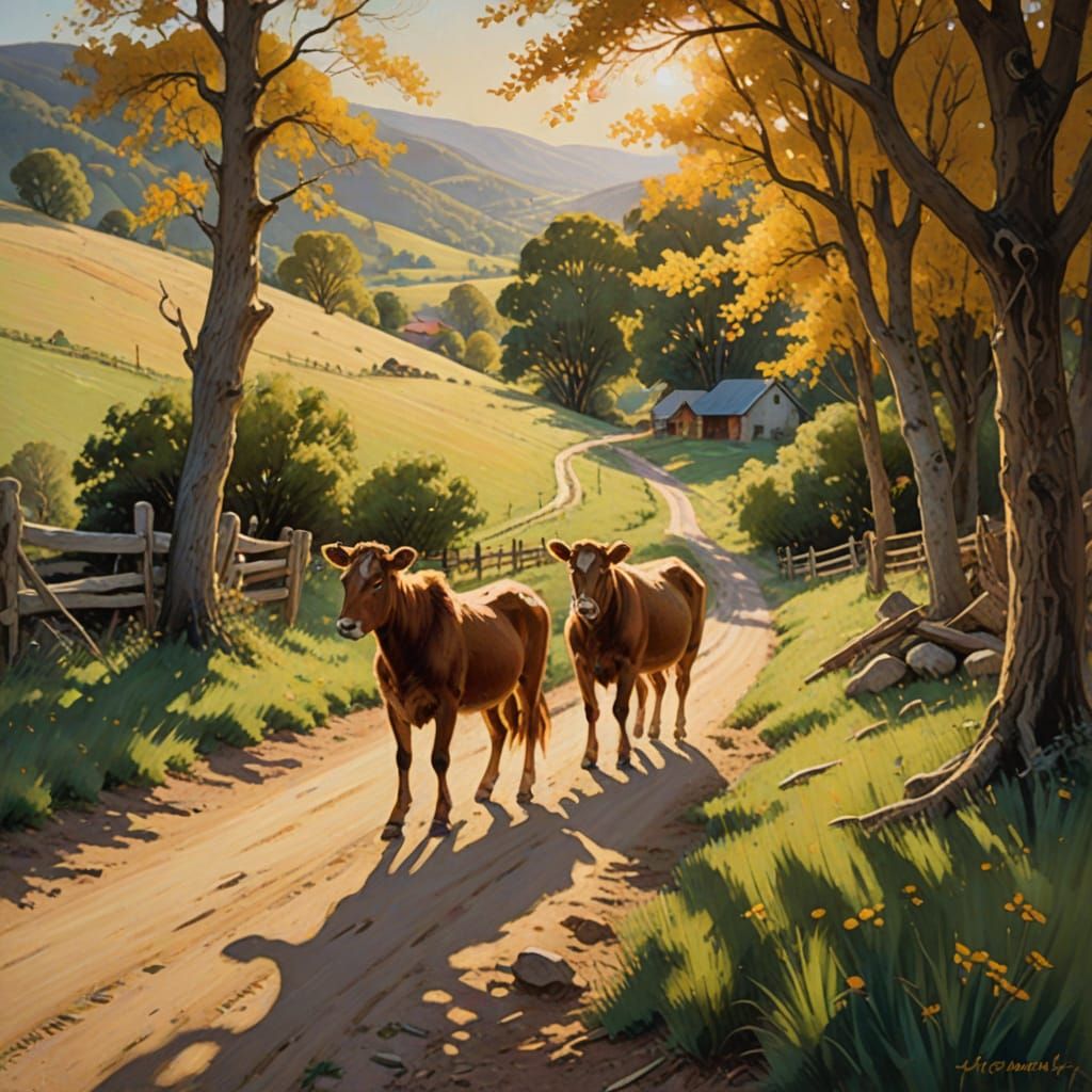 Idyllic Rural Scene in Impressionist Oil Painting Style