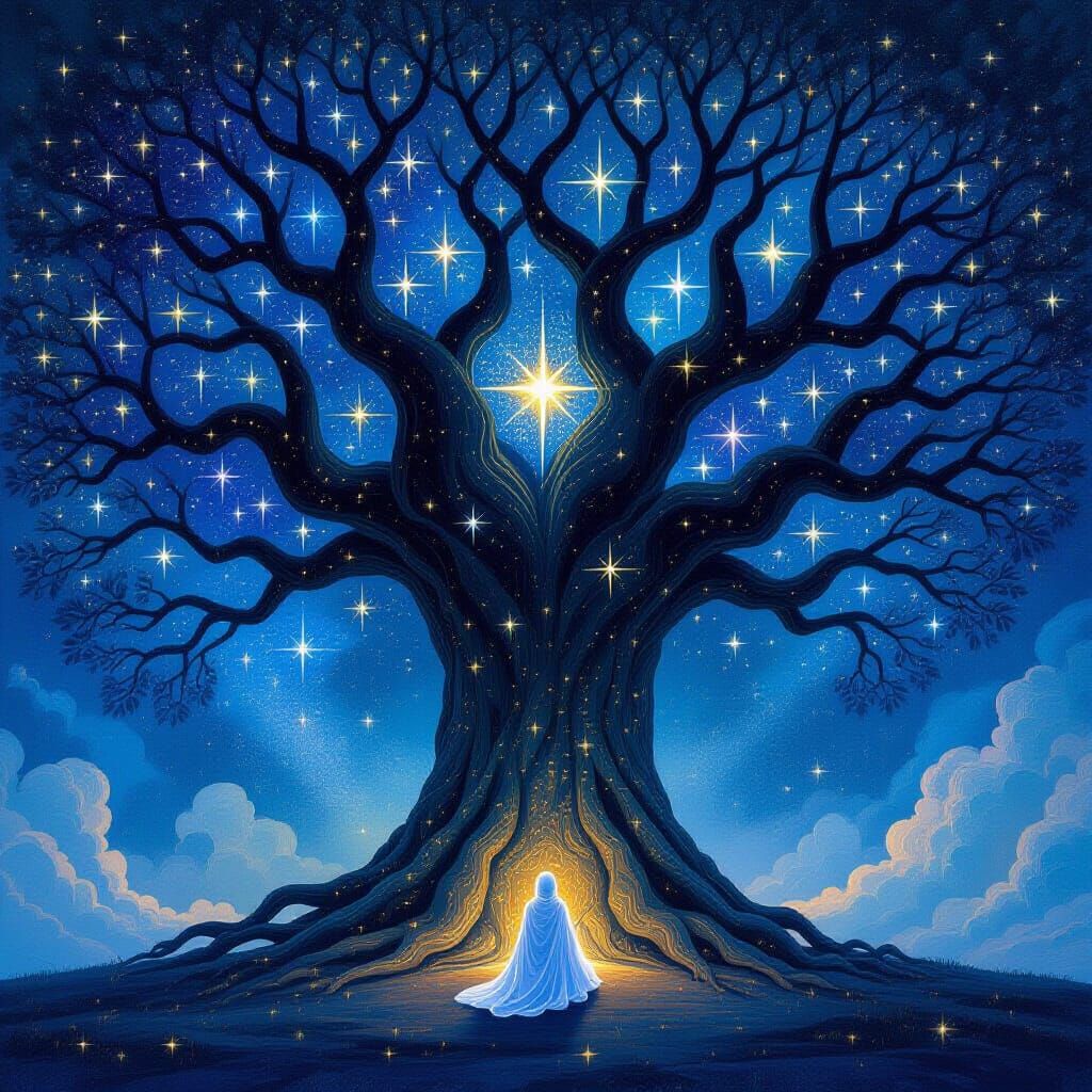 Cosmic Tree with Constellation Branches in Surrealist Style