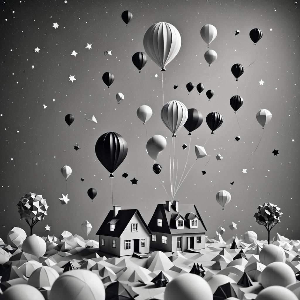 House Ascending to Space in Origami Papercraft Style