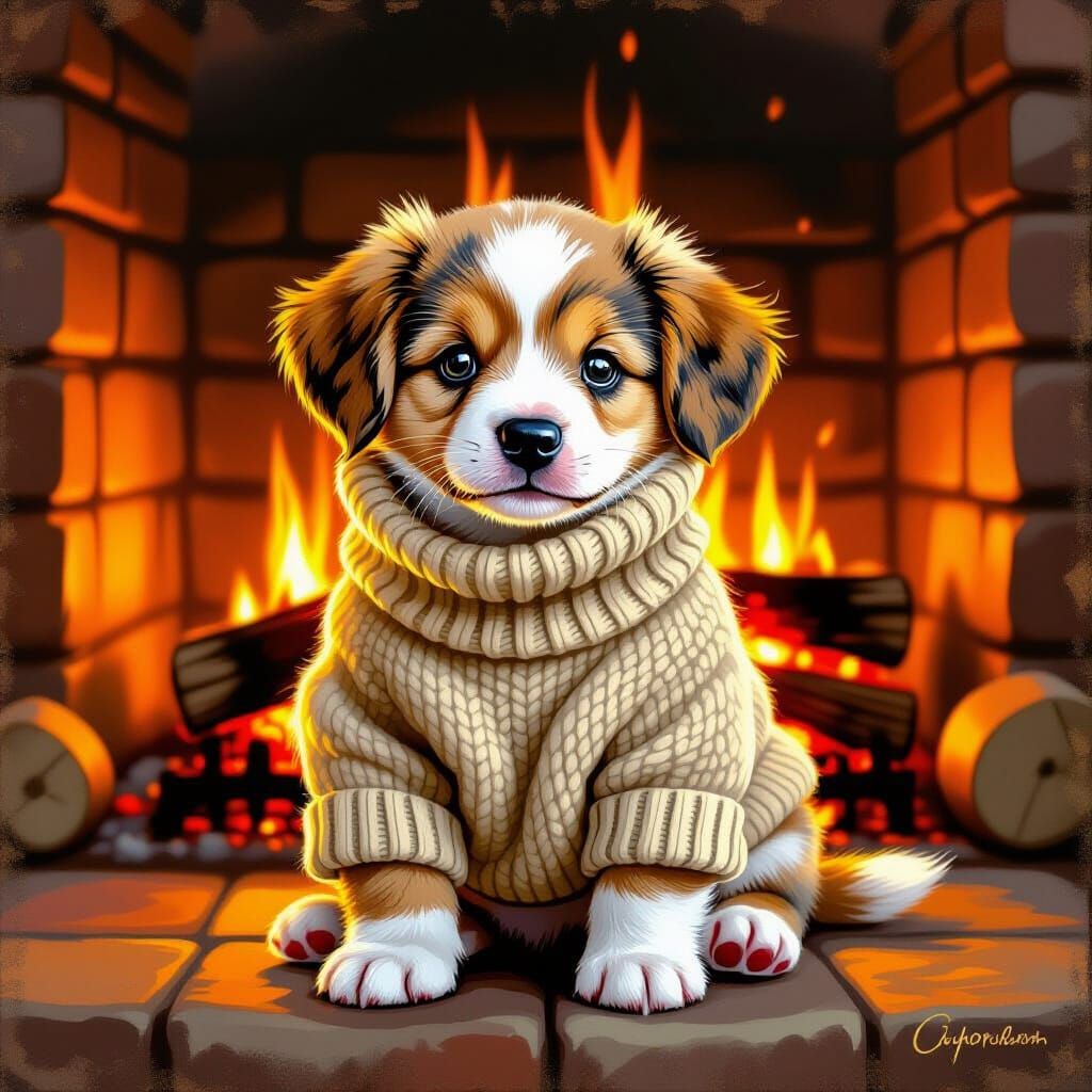 Adorable Puppy by Fireplace in Cozy Sweater