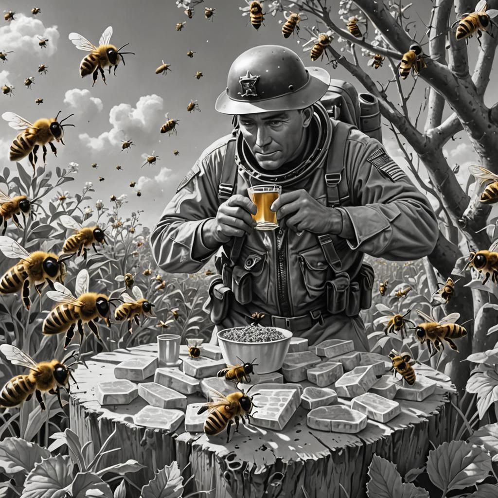 Marine Drinking Mead with Bees in Hyperrealistic Photo