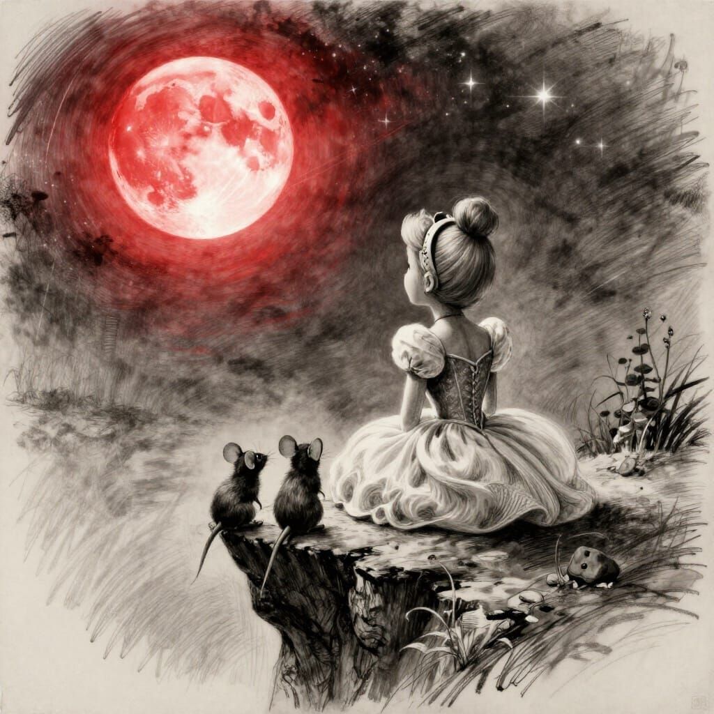 Cinderella & Mice Watch Blood Moon in Charcoal Sketch