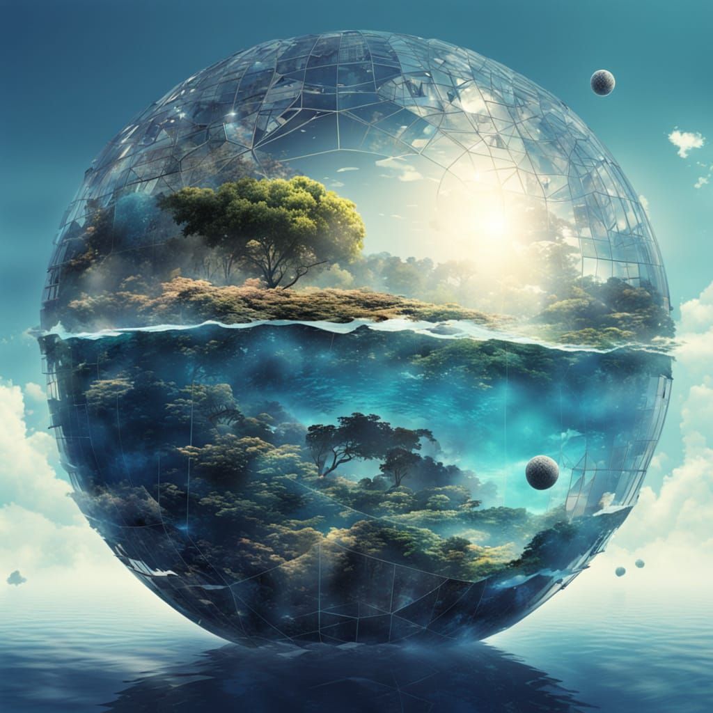 Dyson Sphere Double Exposure Ocean (xtough's Dyson Sphere - 72nd 5-word prompt Challenge)