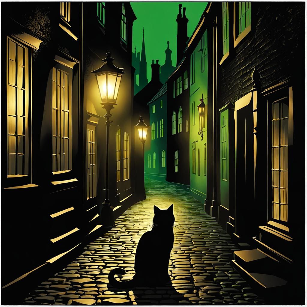 Black Cat in Misty English Alley: Gothic Romanticism