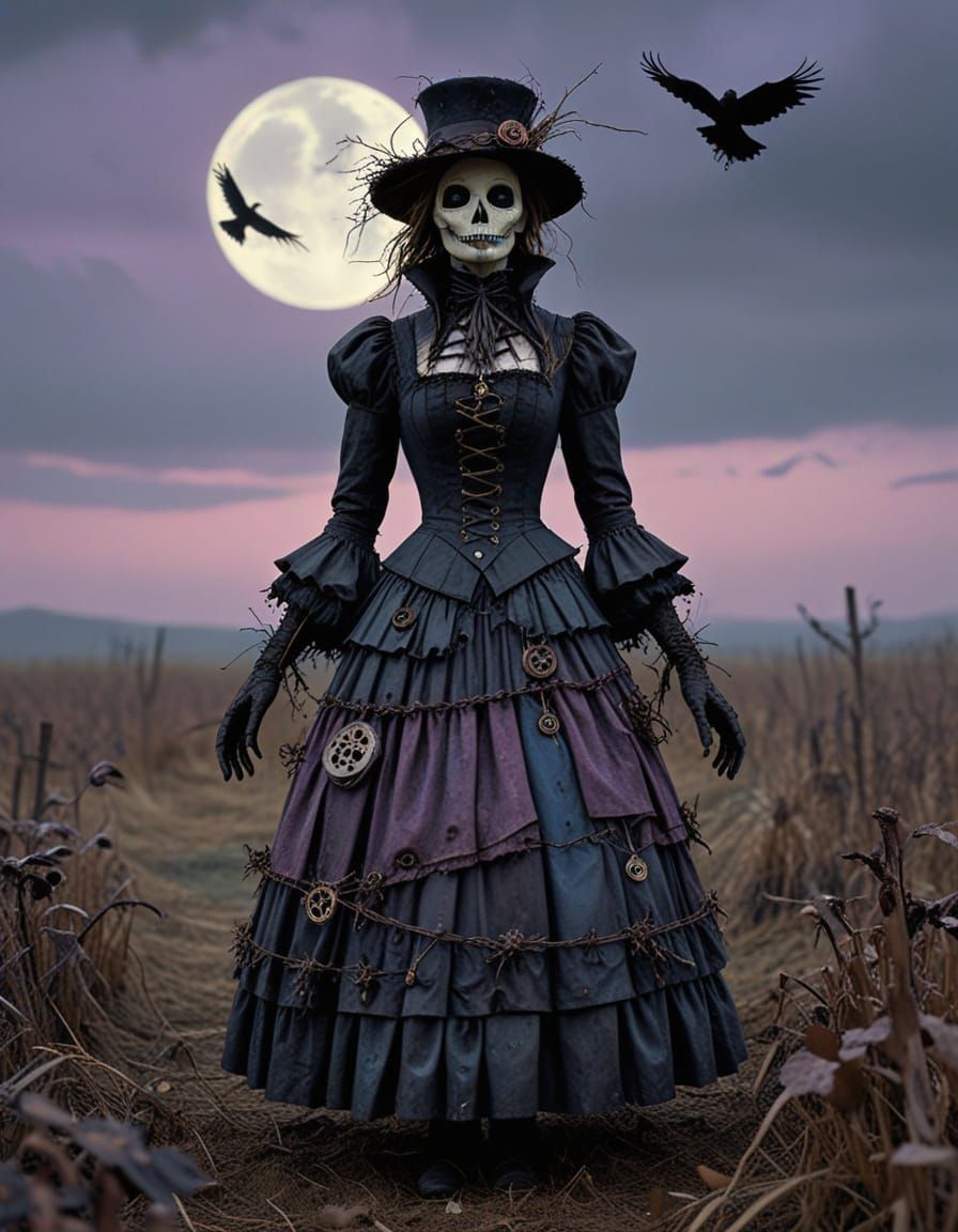 Eerie Scarecrow in Windswept Field, Gothic Art Style