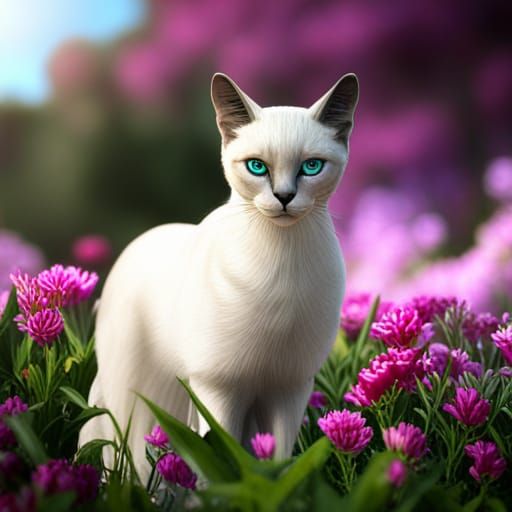 Siamese Cat in Fantastical Flower Garden