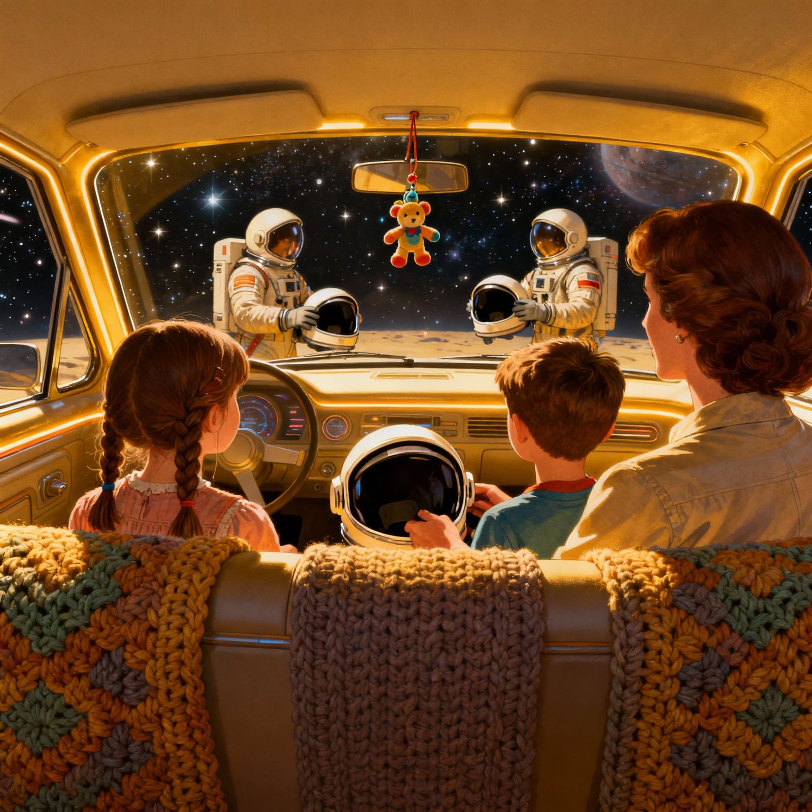 Family Road Trip to Outer Space in Retro-Futuristic Style