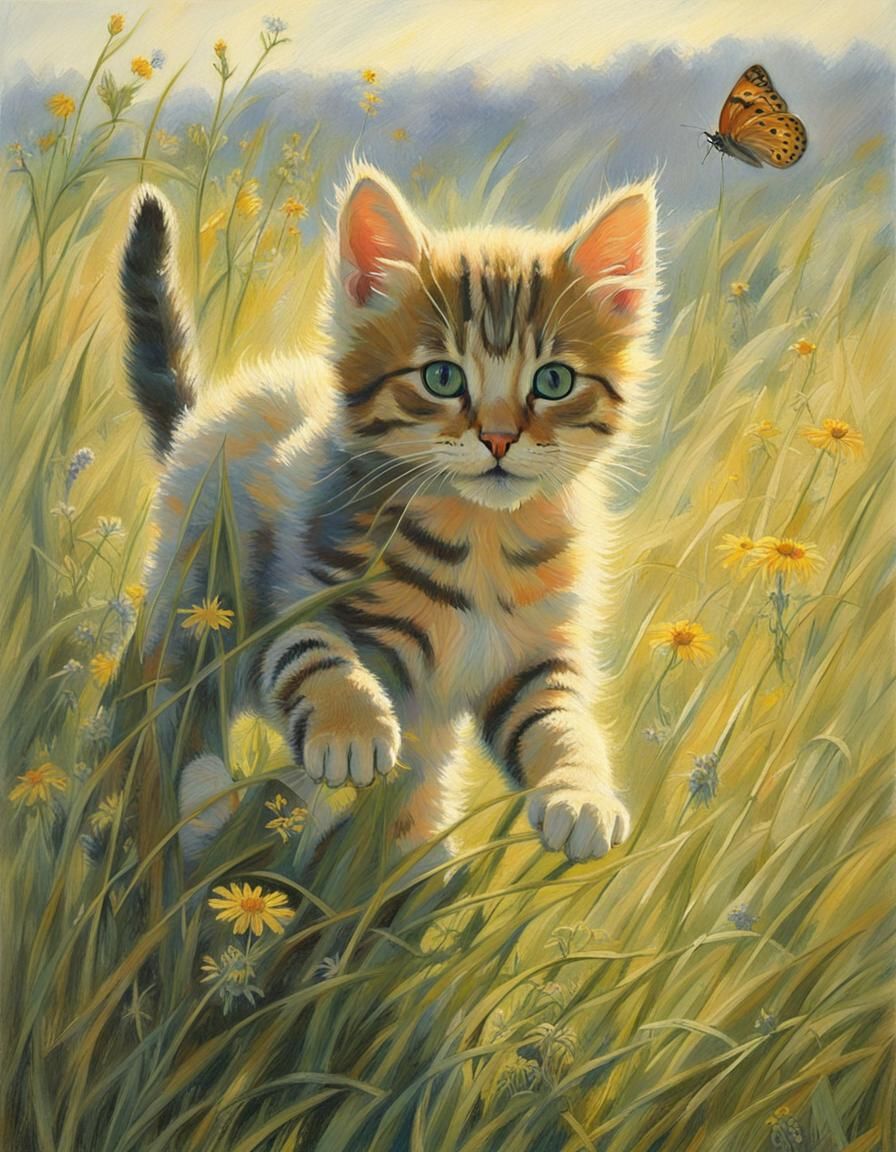 Kitten and Butterfly in Meadow, Bateman Style