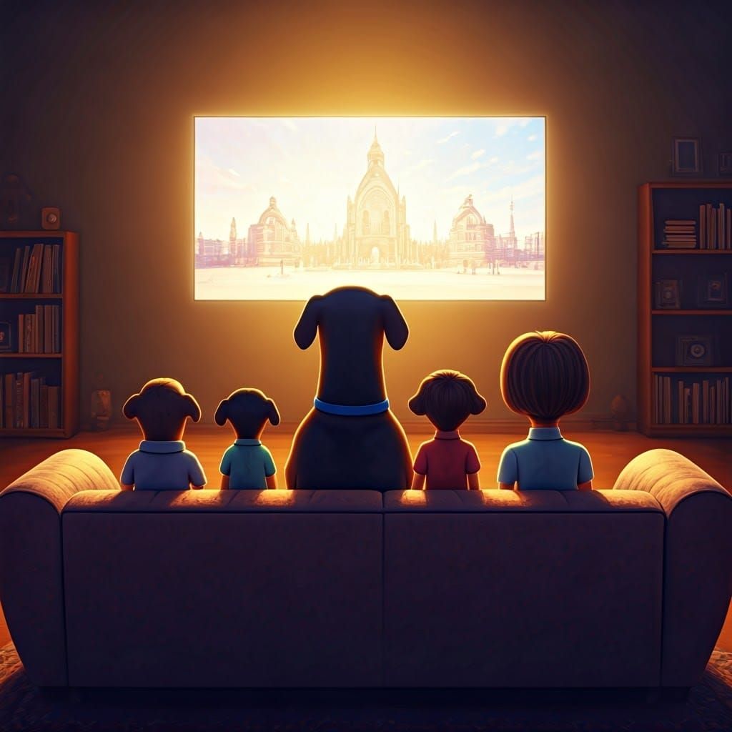 Dog Watches TV with Family as 3D Digital Art