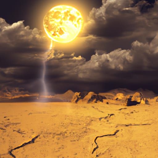 Glowing Golden Desert Under Moonlight and Lightning
