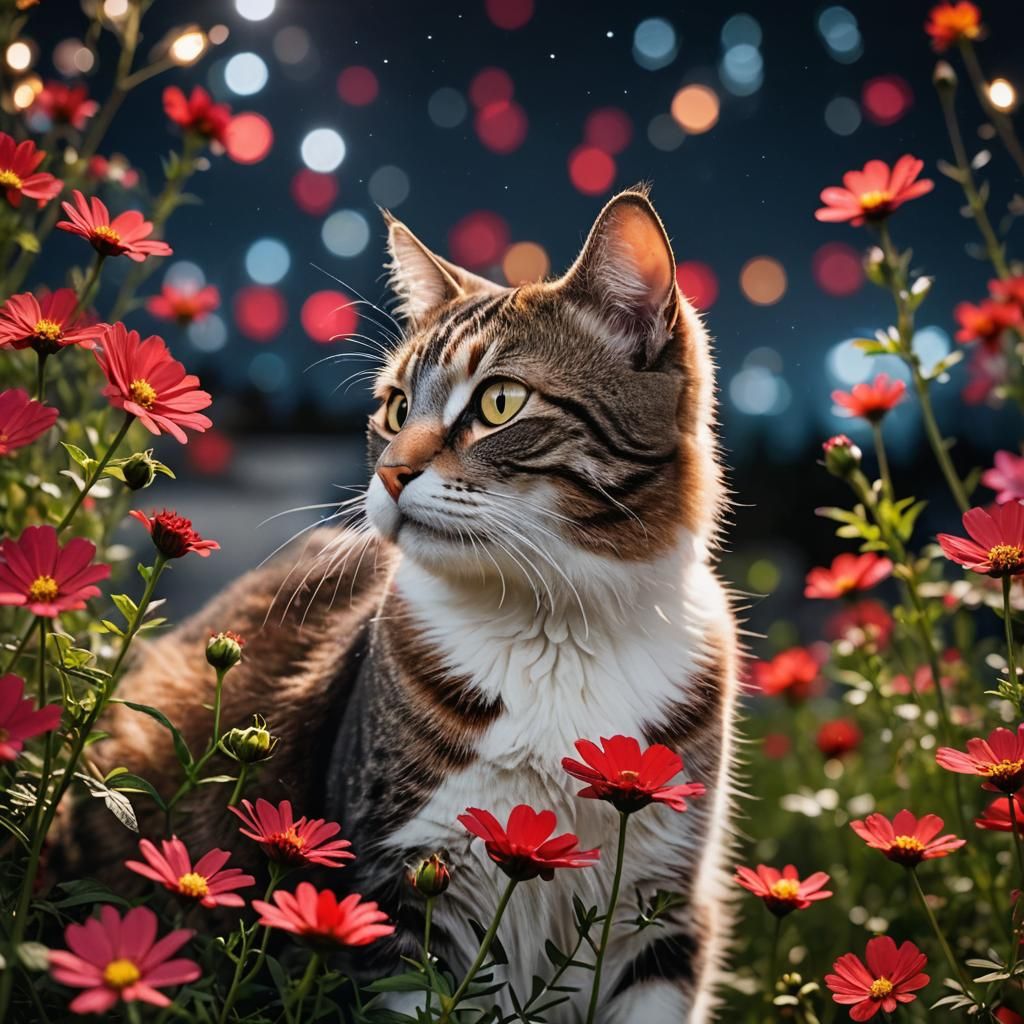 Cat Sniffing Cosmos Flowers at Night