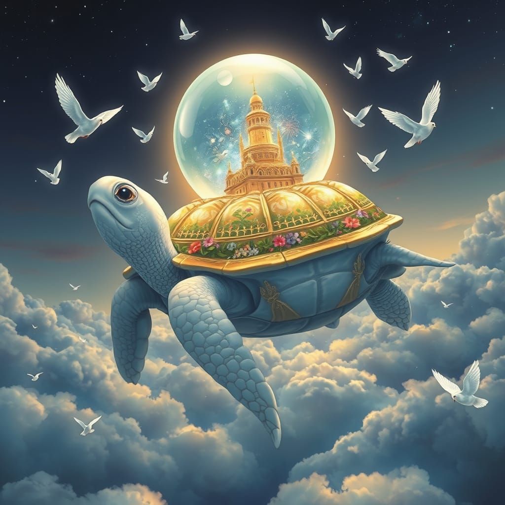 Giant White Turtle soars through the Evening Sky with Lumino...