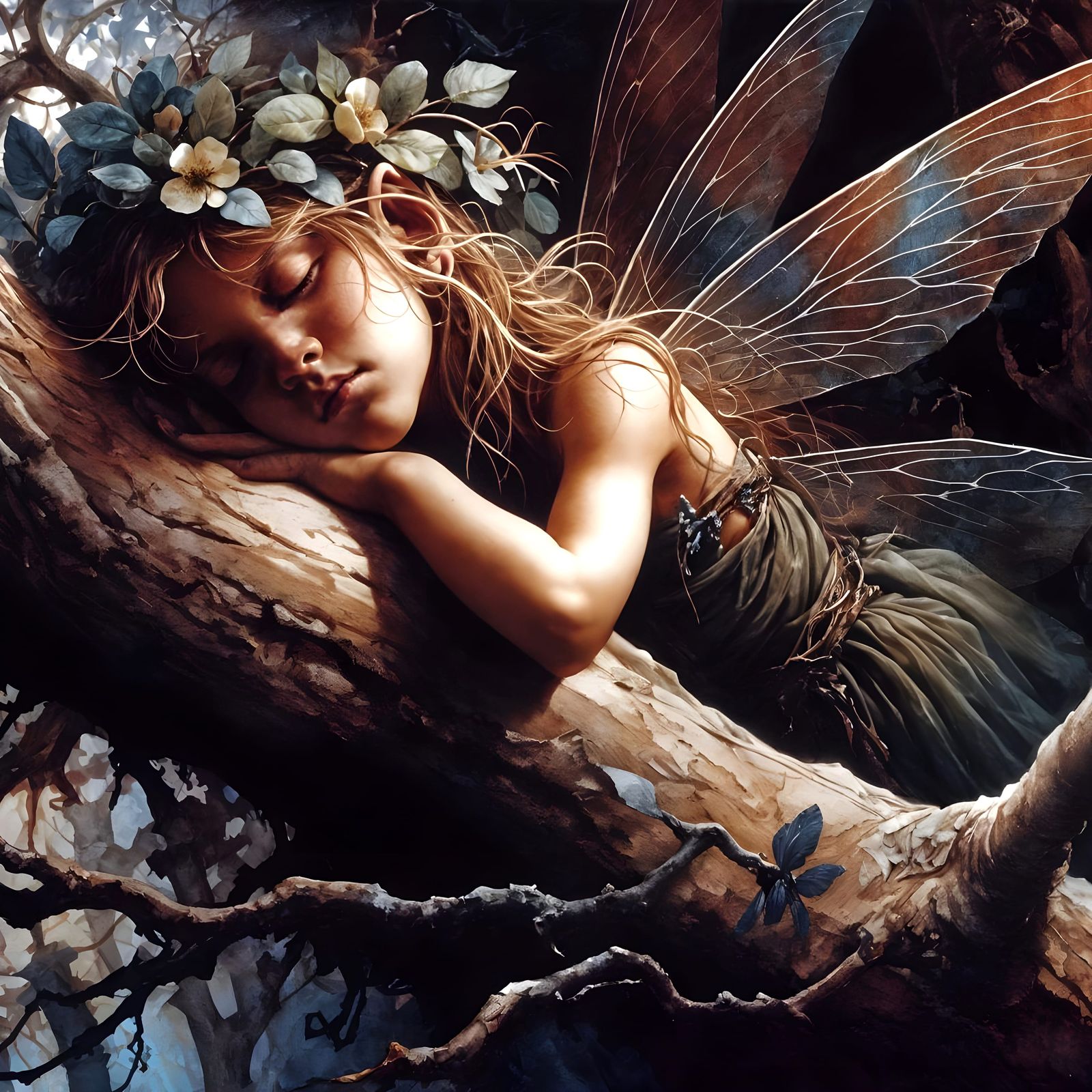 Delicate Fairy Resting, Romanticism Watercolor Style