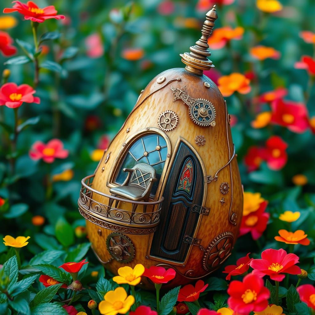 Steampunk Avocado Garden Scene with Vibrant Flora